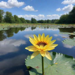 A serene pond with a single strikingly prominent waterlily floating and a single towering sunflower blooming beside it under a bright sky