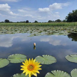 A serene pond with a single strikingly prominent waterlily floating and a single towering sunflower blooming beside it under a bright sky