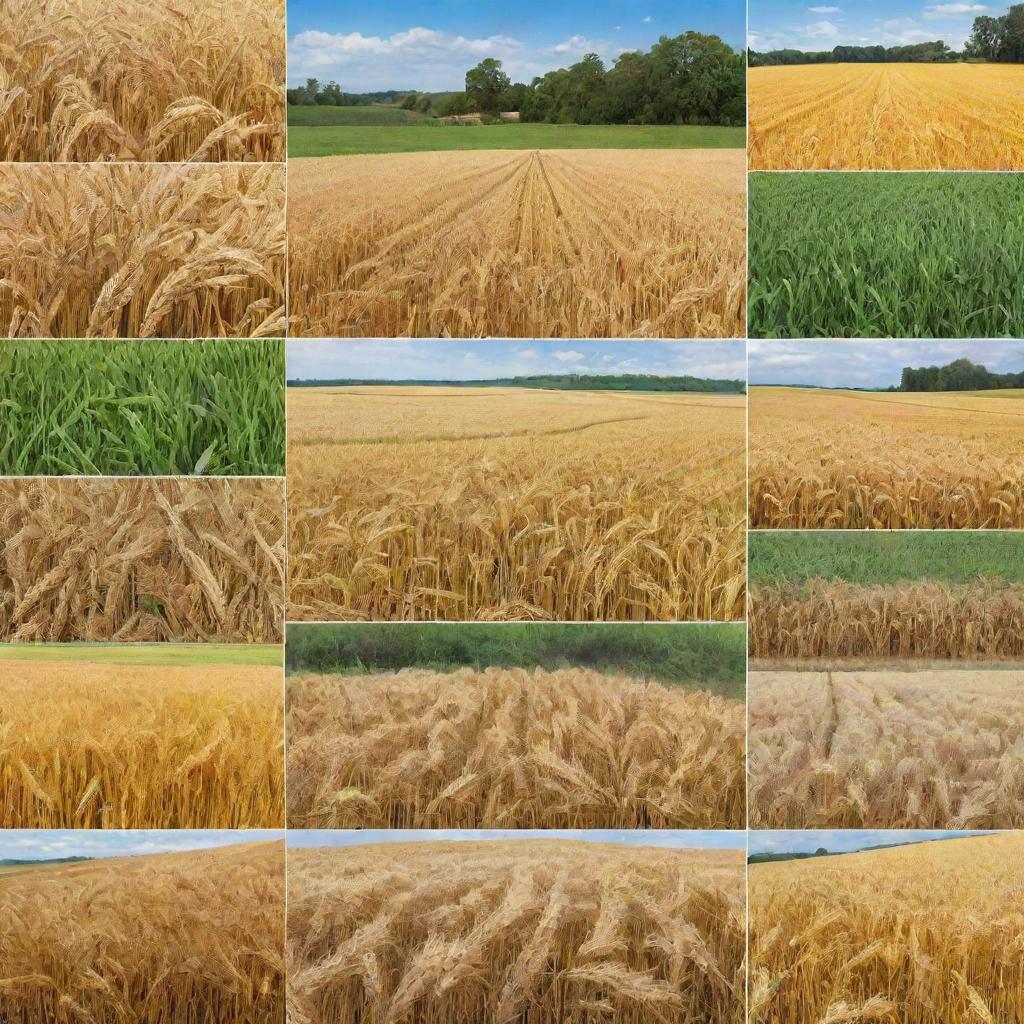 Create a collage showcasing major crops including wheat, maize, and rice in a vibrant, detailed field setting.