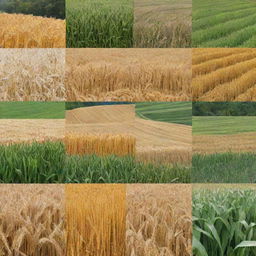 Create a collage showcasing major crops including wheat, maize, and rice in a vibrant, detailed field setting.