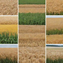 Create a collage showcasing major crops including wheat, maize, and rice in a vibrant, detailed field setting.