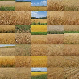 Create a collage showcasing major crops including wheat, maize, and rice in a vibrant, detailed field setting.