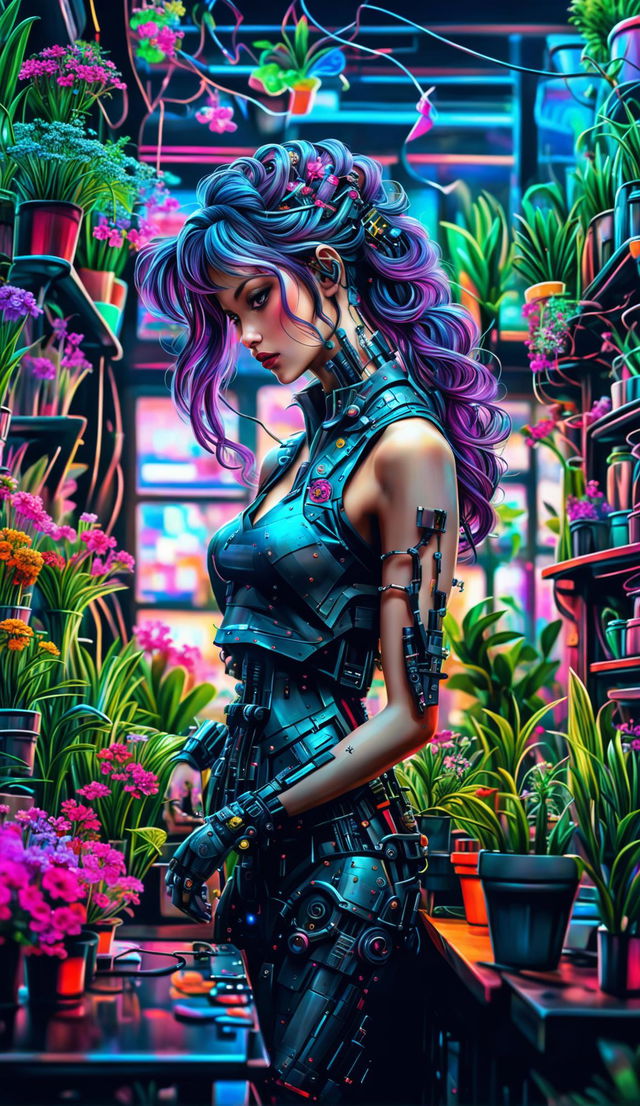 A cyberpunk cyborg florist with beautiful hair stands in her small city shop. Parts of her body are transparent glass revealing mechanical components and plant life within.