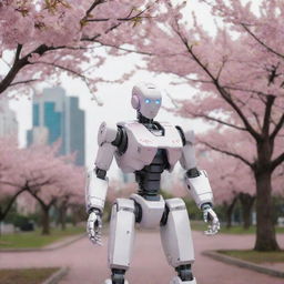 A curious humanoid robot gently touches a blooming Sakura in a small park, with a cyberpunk cityscape looming in the background.