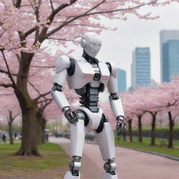 A curious humanoid robot gently touches a blooming Sakura in a small park, with a cyberpunk cityscape looming in the background.