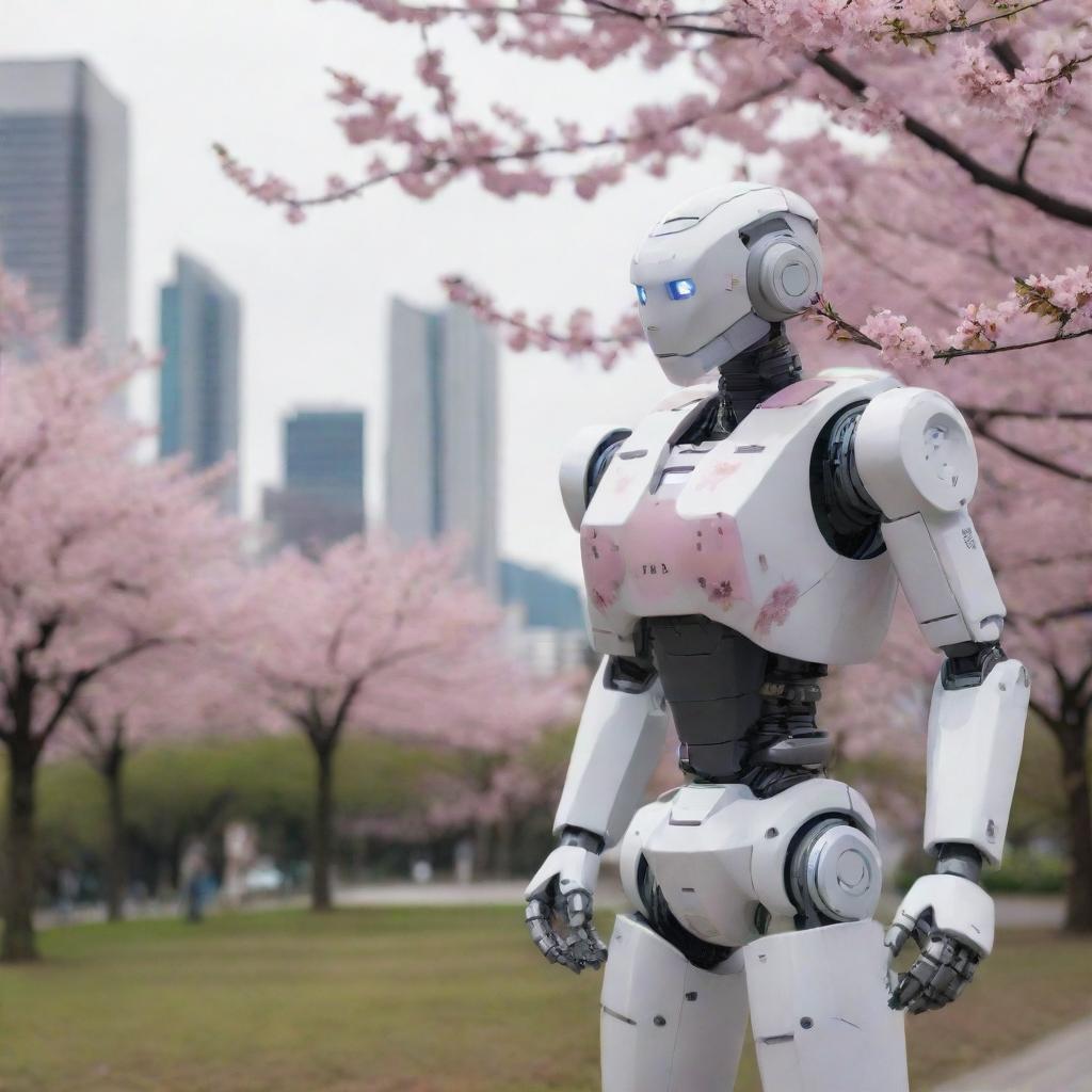 A curious humanoid robot gently touches a blooming Sakura in a small park, with a cyberpunk cityscape looming in the background.