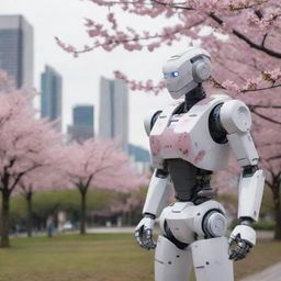 A curious humanoid robot gently touches a blooming Sakura in a small park, with a cyberpunk cityscape looming in the background.