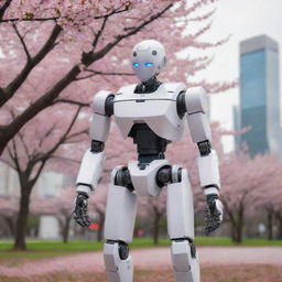 A curious humanoid robot gently touches a blooming Sakura in a small park, with a cyberpunk cityscape looming in the background.