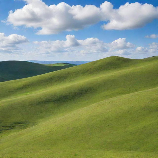 Vividly lush green hills under a bright blue sky with fluffy white clouds