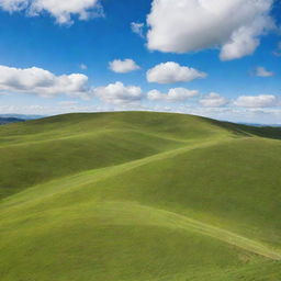 Vividly lush green hills under a bright blue sky with fluffy white clouds