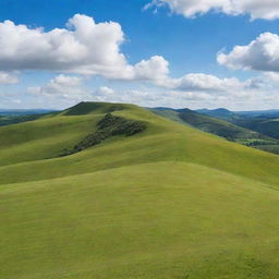 Vividly lush green hills under a bright blue sky with fluffy white clouds