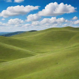Vividly lush green hills under a bright blue sky with fluffy white clouds