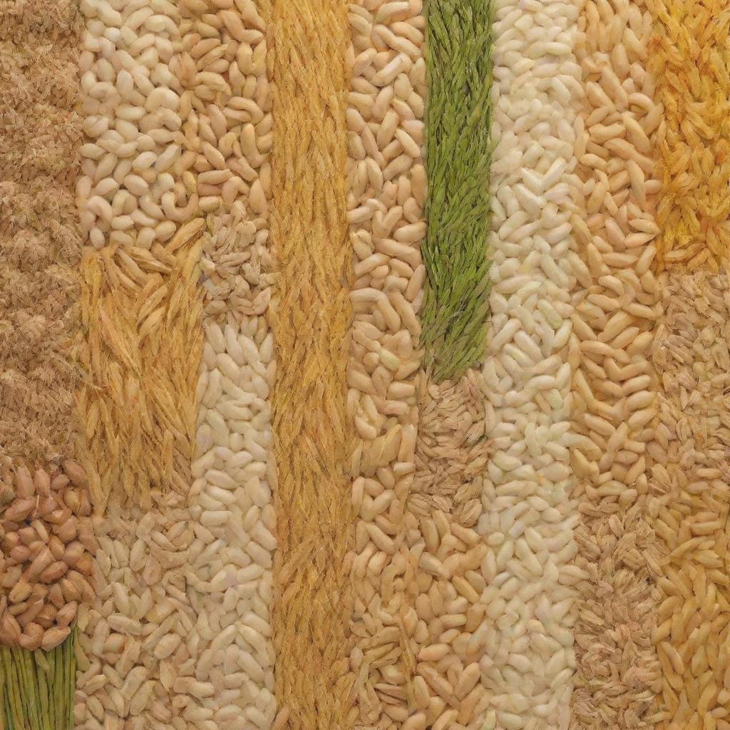 Create a visually appealing collage with major agricultural crops such as wheat, rice, maize, artistically arranged to highlight their significance