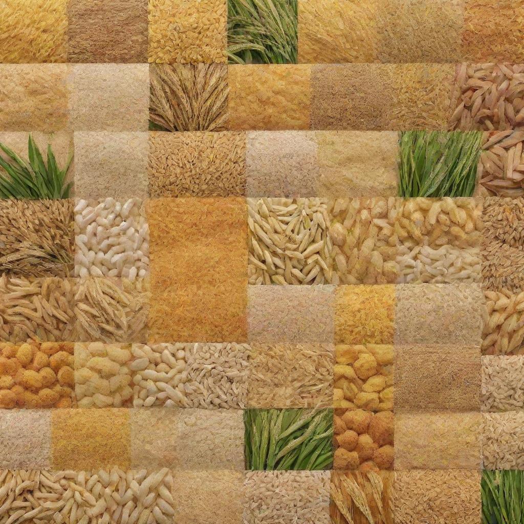 Create a visually appealing collage with major agricultural crops such as wheat, rice, maize, artistically arranged to highlight their significance