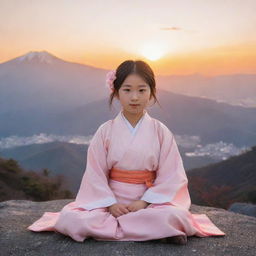 A young Japanese girl in traditional attire, peacefully seated on the peak of a majestic mountain, with the sun setting in the backdrop, filling the sky with hues of orange and pink.