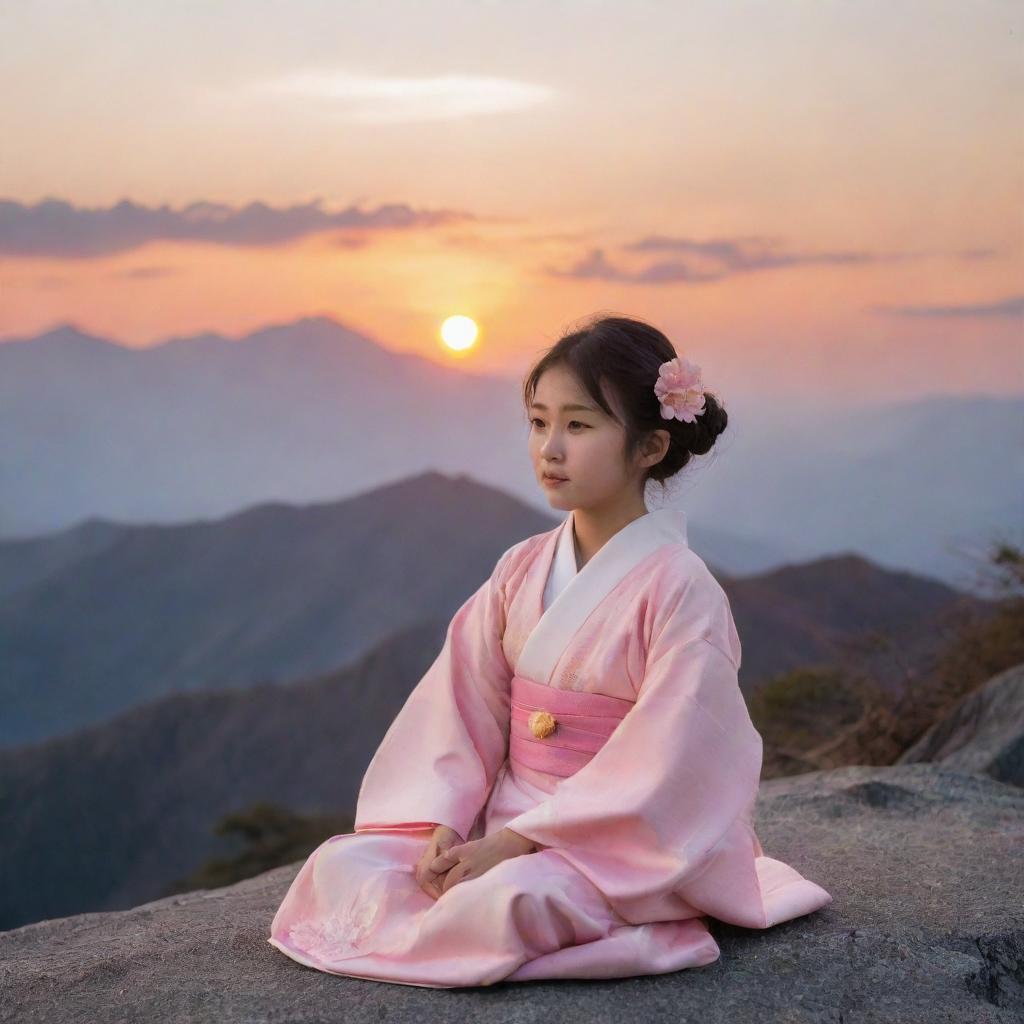 A young Japanese girl in traditional attire, peacefully seated on the peak of a majestic mountain, with the sun setting in the backdrop, filling the sky with hues of orange and pink.