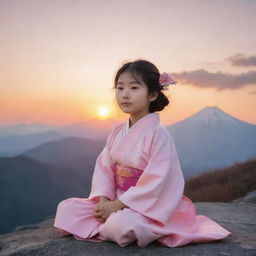 A young Japanese girl in traditional attire, peacefully seated on the peak of a majestic mountain, with the sun setting in the backdrop, filling the sky with hues of orange and pink.