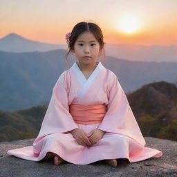 A young Japanese girl in traditional attire, peacefully seated on the peak of a majestic mountain, with the sun setting in the backdrop, filling the sky with hues of orange and pink.