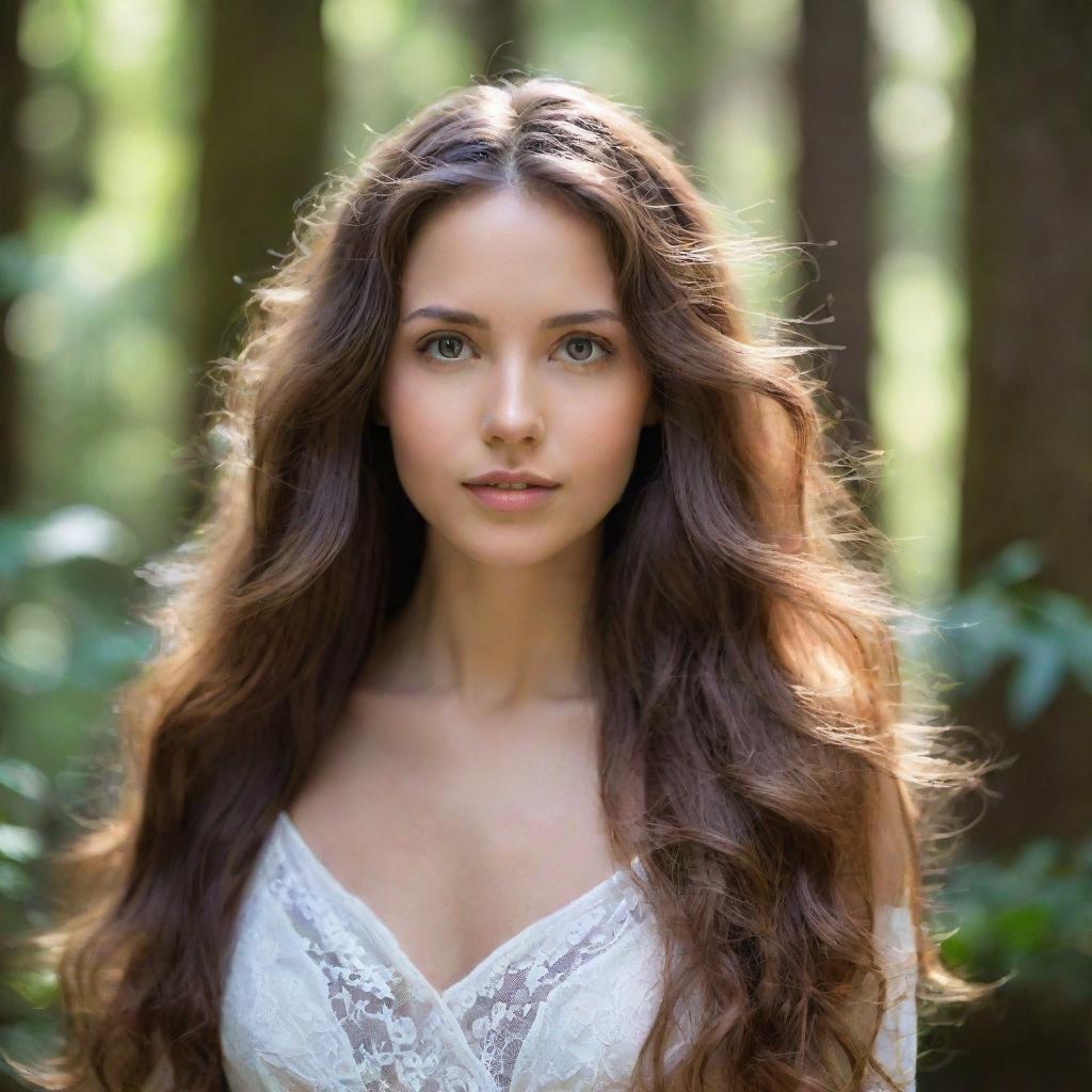 Portrait of a beautiful girl with radiant skin and flowing hair, surrounded by a serene and enchanted forest