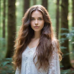 Portrait of a beautiful girl with radiant skin and flowing hair, surrounded by a serene and enchanted forest