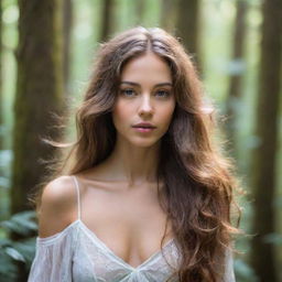 Portrait of a beautiful girl with radiant skin and flowing hair, surrounded by a serene and enchanted forest