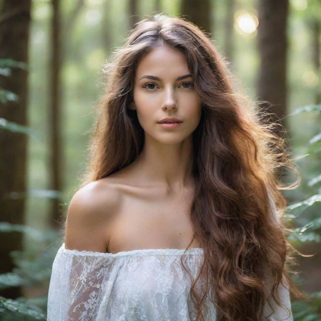 Portrait of a beautiful girl with radiant skin and flowing hair, surrounded by a serene and enchanted forest