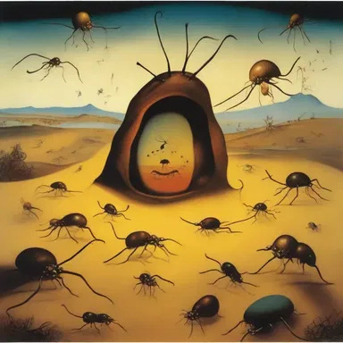 The surreal painting titled 'Infestation' by artist Salvador Dali depicts a landscape covered in chigoe fleas, representing the fear of hidden dangers.