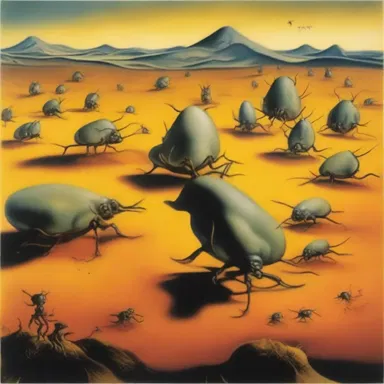 The surreal painting titled 'Infestation' by artist Salvador Dali depicts a landscape covered in chigoe fleas, representing the fear of hidden dangers.