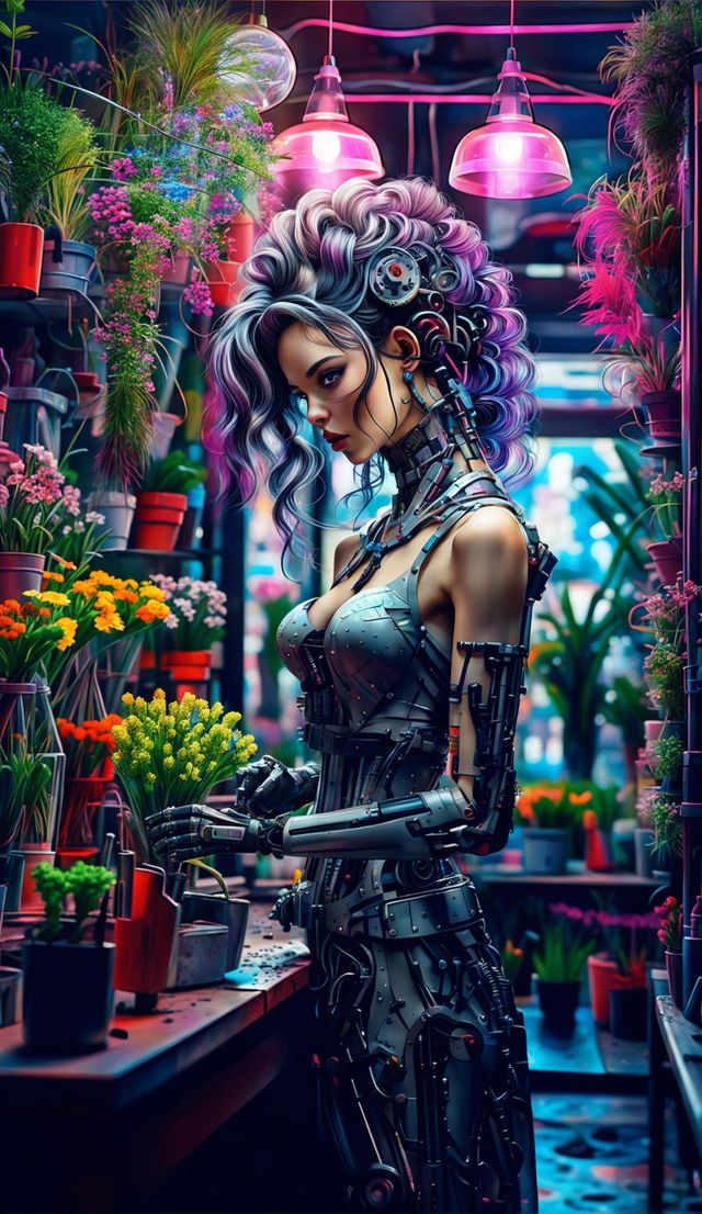 A cyberpunk cyborg florist with beautiful hair turns the 'closed' sign in her small city shop to 'open'. Parts of her body are transparent glass revealing mechanical components and plant life within.