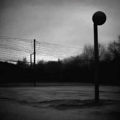 In the horror movie, the protagonist stumbled upon an abandoned tetherball court at night, and as the wind blew, the ball swung ominously, creating an eerie atmosphere.