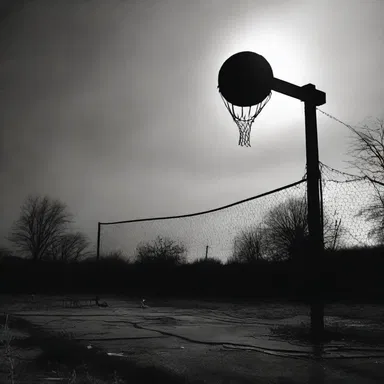 In the horror movie, the protagonist stumbled upon an abandoned tetherball court at night, and as the wind blew, the ball swung ominously, creating an eerie atmosphere.