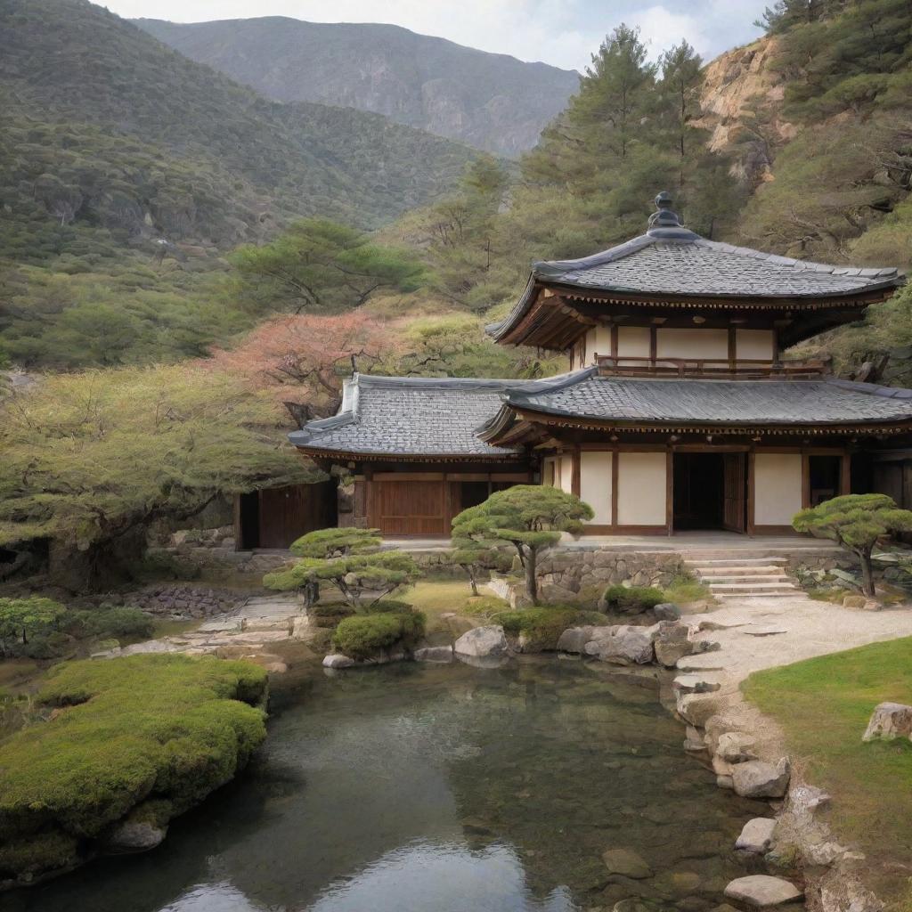 A fusion of Japanese and Syrian landscapes, effectively blending traditional architecture and natural elements from both countries