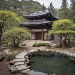 A fusion of Japanese and Syrian landscapes, effectively blending traditional architecture and natural elements from both countries