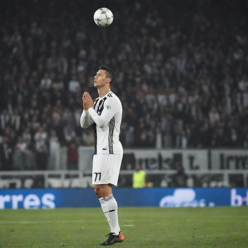 Cristiano Ronaldo in his Juventus football kit performing a free kick, with crowd in the background