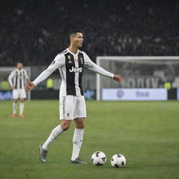 Cristiano Ronaldo in his Juventus football kit performing a free kick, with crowd in the background