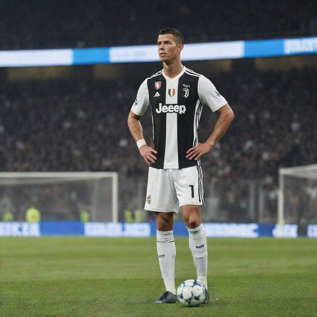 Cristiano Ronaldo in his Juventus football kit performing a free kick, with crowd in the background