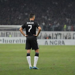 Cristiano Ronaldo in his Juventus football kit performing a free kick, with crowd in the background