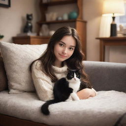 Disney Pixar style image of a brunette girl and her black and white cat in a cozy, warm environment.