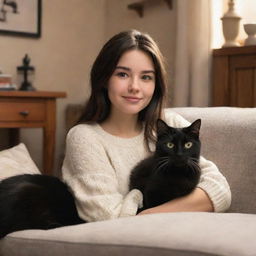 Disney Pixar style image of a brunette girl and her black and white cat in a cozy, warm environment.