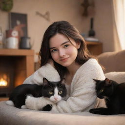 Disney Pixar style image of a brunette girl and her black and white cat in a cozy, warm environment.