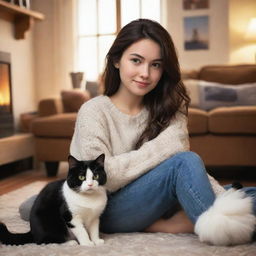 Disney Pixar style image of a brunette girl and her black and white cat in a cozy, warm environment.