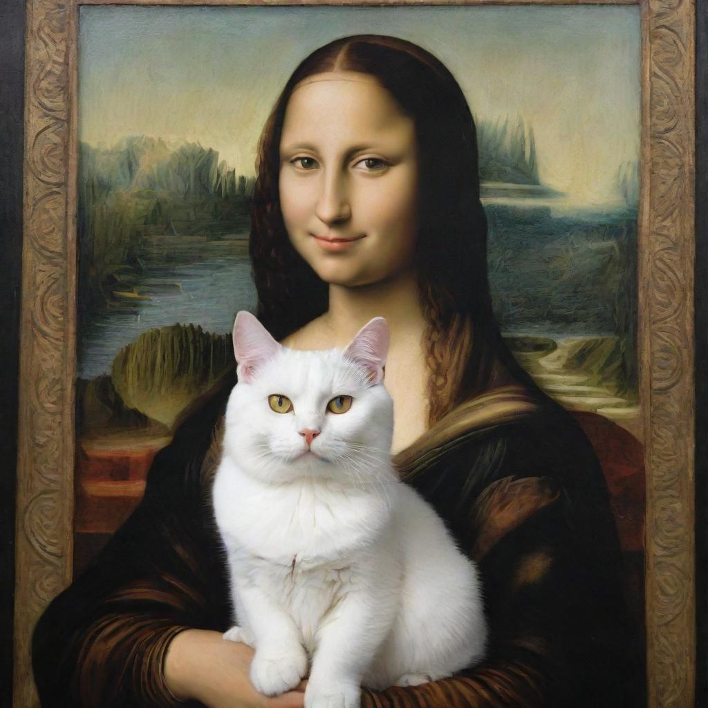 Rendition of the Monalisa painting with a cat portraying Monalisa's mysterious smile