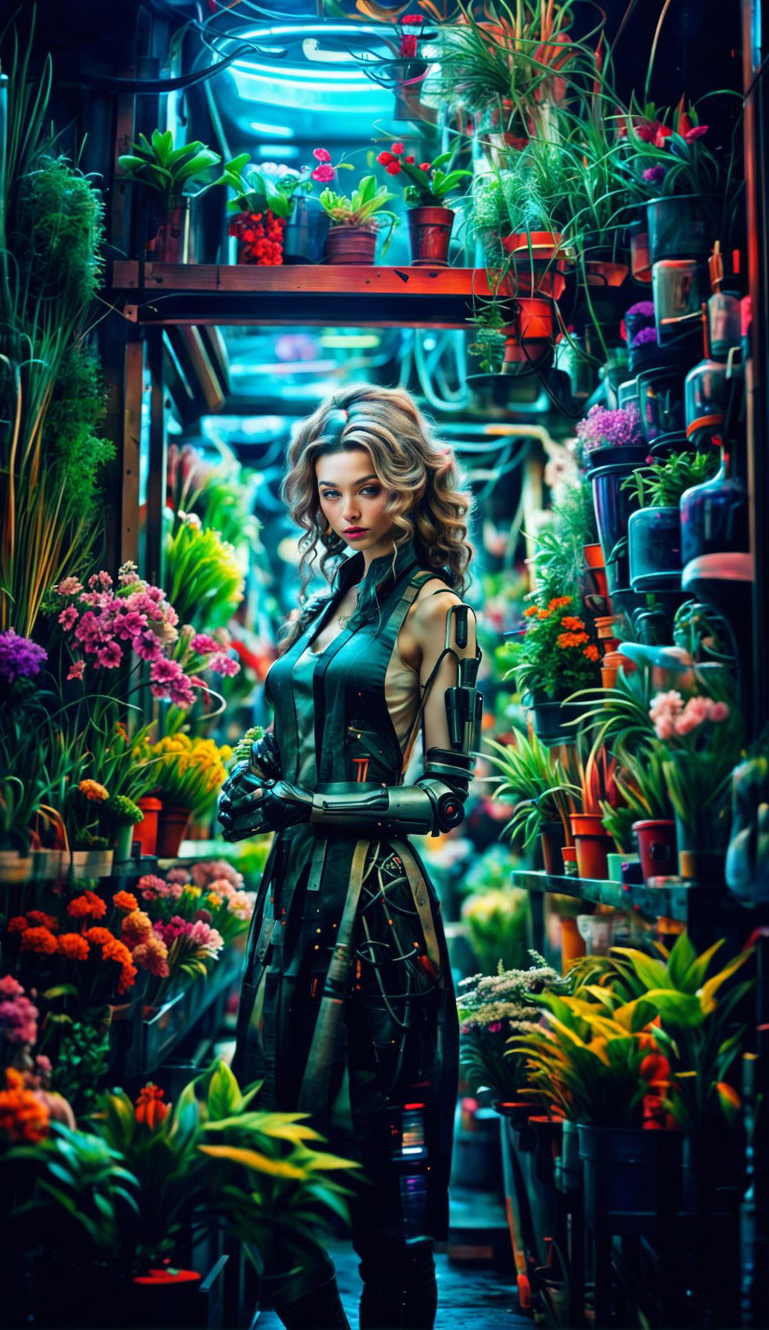 A beautiful cyborg florist with glass body revealing mechanical and plant innards in her small city shop welcomes a handsome cyborg man.