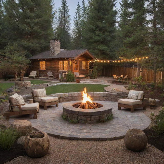 A cozy and quirky cabincore-styled backyard, highlighting kitsch-inspired fire pits arranged in a circle, exuding rustic charm and inviting warmth