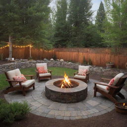 A cozy and quirky cabincore-styled backyard, highlighting kitsch-inspired fire pits arranged in a circle, exuding rustic charm and inviting warmth