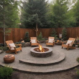 A cozy and quirky cabincore-styled backyard, highlighting kitsch-inspired fire pits arranged in a circle, exuding rustic charm and inviting warmth