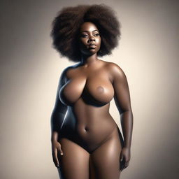 A realistic, high-quality digital art rendering of a black woman with a curvaceous figure and a prominent bust