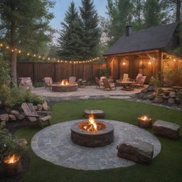 A cozy and quirky cabincore-styled backyard with kitsch-inspired fire pits arranged in a circle in landscape orientation. Emphasize on the rustic charm and aura of gathering warmth.