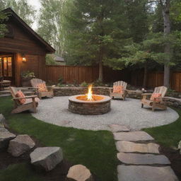 A cozy and quirky cabincore-styled backyard with kitsch-inspired fire pits arranged in a circle in landscape orientation. Emphasize on the rustic charm and aura of gathering warmth.