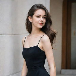 A trendy, fashionable 20-year-old in a stunning black dress